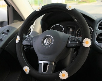 Ice Silk Steering Wheel Cover, Daisy Applique Embroidery Steering Wheel Cover, Cute Car Accessories for Women, Floral Steering Wheel Cover