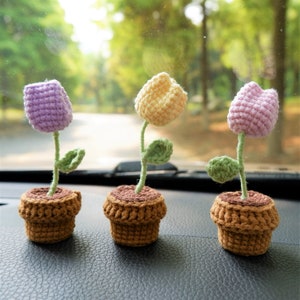 3Pcs/2Pcs Mini Tulip Potted Plant, Crochet Tulip Car Dashboard Decor, Car Plant Accessory, Cute Car Accessory for Women, Interior Car Decor