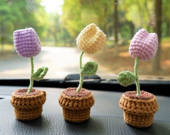 3Pcs/2Pcs Mini Tulip Car Dashboard Decor, Crochet Pink/Purple/Yellow Tulip Car Plant Accessory, Cute Car Accessories Interior for Women