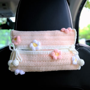 Crochet Fluffy Flower Car Tissue Box, Daisy Flower Car Tissue Box Holder, Flower Car Tissue Cover, Boho Interior Car Accessories for Women