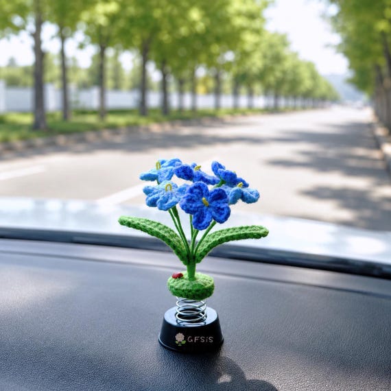 Forget Me Not Car Dashboard Decor, Crochet Blue/pink/purple Flower