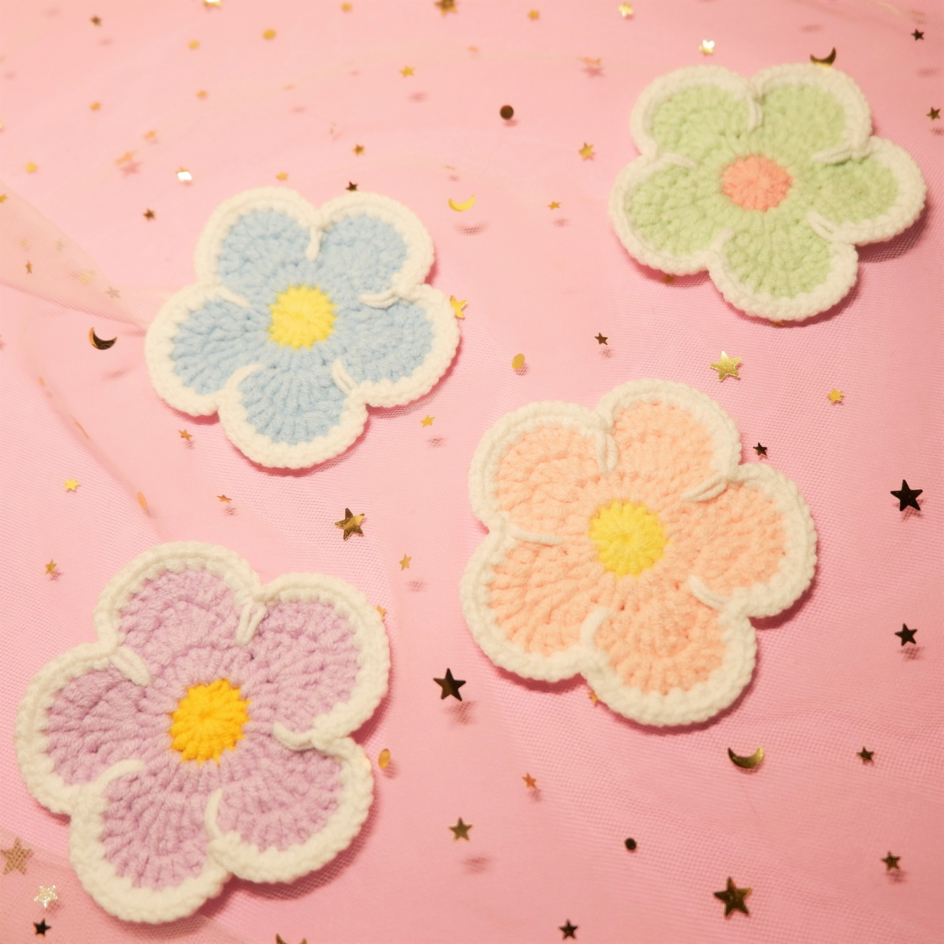 Crochet Car Coaster Set, Daisy Flower Car Drink Coaster, Kawaii