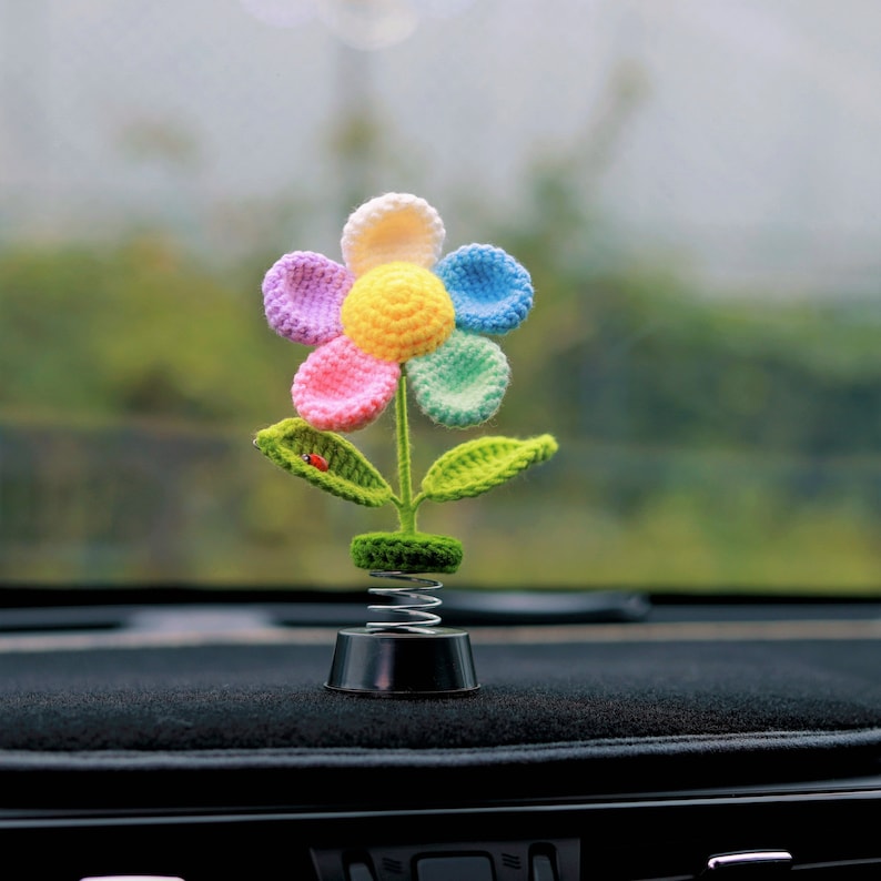 Crochet Rainbow Flower Car Dashboard Decor Bobblehead Flower Etsy