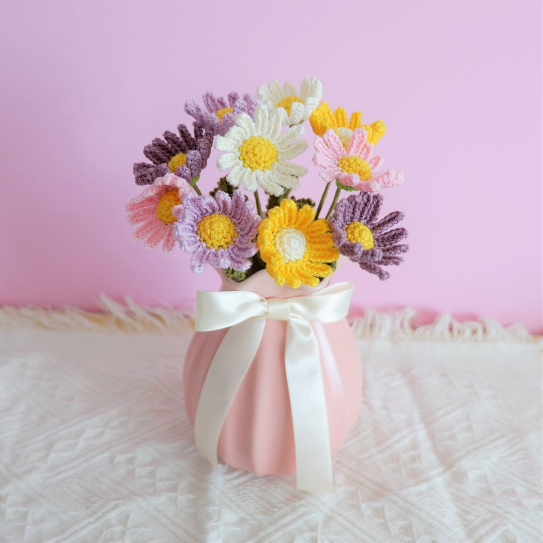 Crochet Daisy Bouquet, Rainbow Daisy Bunch, Crochet Floral Arrangement ...