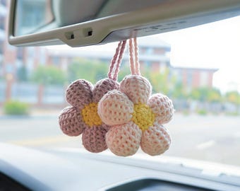 Buy 2pcs Crochet Waffle Flower Car Mirror Hanging Charms, Handmade
