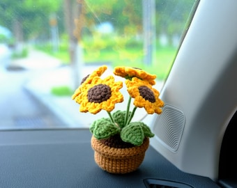 Sunflower Car Dashboard Decor, Crochet Sunflower Potted Plant Car Accessories, Boho Car Accessory for Women, Cute Car Accessories Interior
