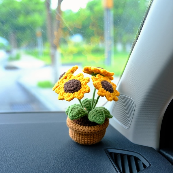 Gehäkelte Sonnenblume Auto-Armaturenbrett-Dekor, Blumentopfpflanze Auto-Armaturenbrett-Zubehör, nettes Autozubehör für Frauen, Blumen-Auto-Anhänger