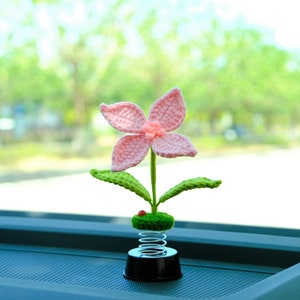 Crochet Hibiscus Flower Car Dashboard Decor, Bobblehead Car Plant Dashboard Accessory, Cute Car Accessory for Women, Car Air Freshener