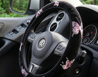 Butterfly Embroidery Steering Wheel Cover, Velvet Steering Wheel Cover for Women, Elastic Steering Wheel Cover, Cute Steering Wheel Cover