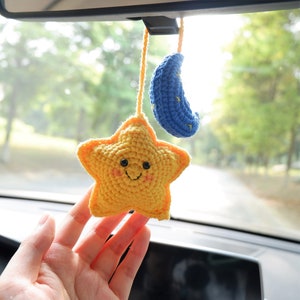 Crochet Smiley Star & Moon Car Mirror Hanging Accessory, Rear View Mirror Accessories, Cute Car Accessories Interior, Car Hanging Accessory