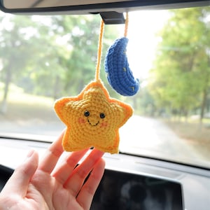 Crochet Smiley Star & Moon Car Mirror Hanging Accessory, Rear View Mirror Accessories, Cute Interior Car Accessories, Car Hanging Accessory