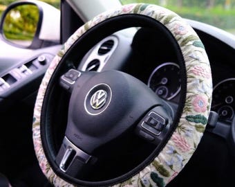 Wildflower Meadow Embroidery Steering Wheel Cover, Poppies/Lavender/Forget-me-nots Steering Wheel Cover, Cute Car Accessories for Women