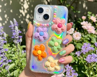 Bling Rainbow Flower Phone Case, Resin Clear Phone Case, Glitter iPhone Case, Custom 3D Phone Case for iPhone 13/14/15/16/17/Pro/Max, Galaxy