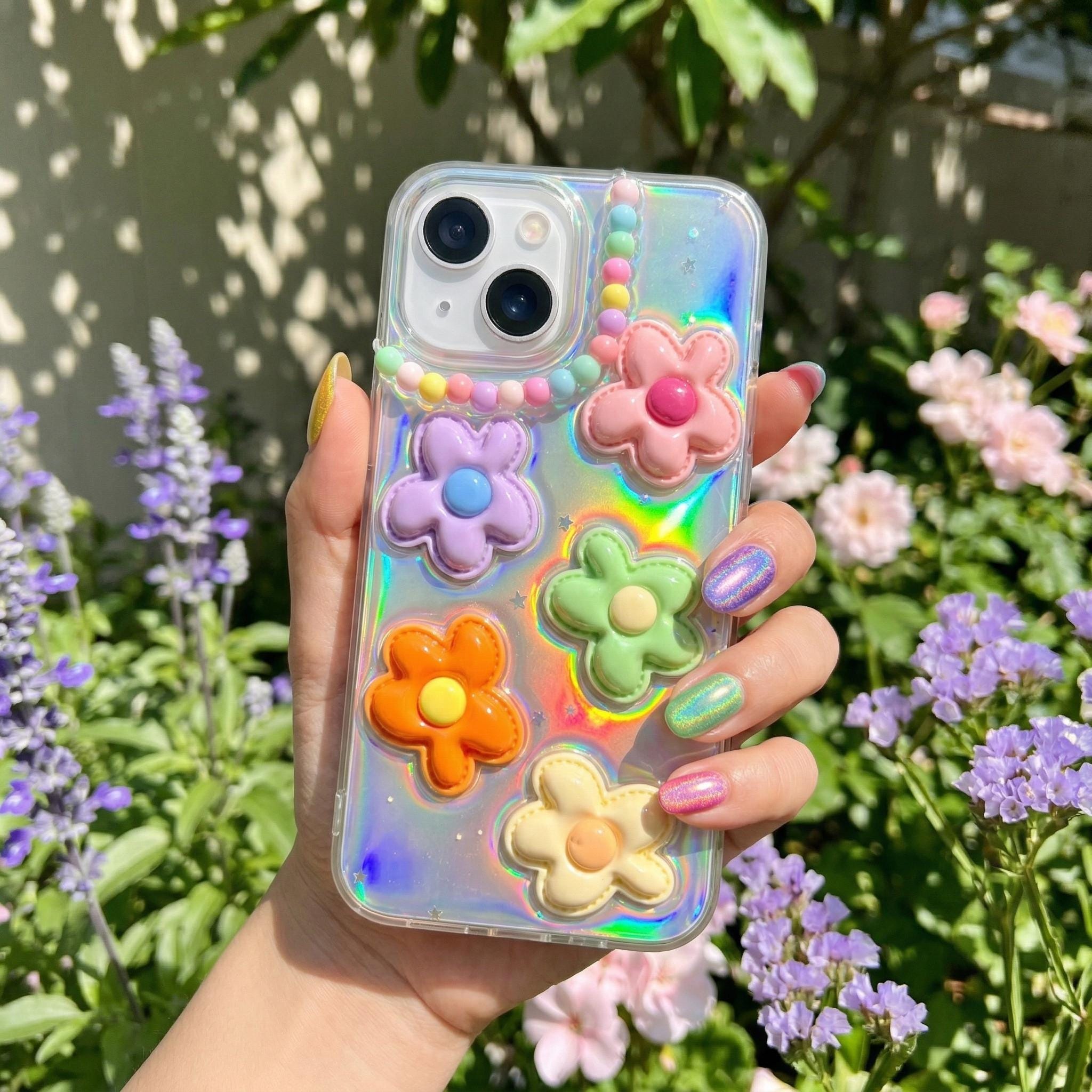 iPhoneアクセサリー ANREALAGE iPhone SE3 ACRYLIC FLOWER CASE Bling Rainbow Flower Phone Case, Resin Clear Phone Case, Glitter