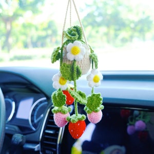Crochet Strawberry & Daisy Car Mirror Hanging Accessories, Succulents Rear View Mirror Accessory, Cute Interior Car Accessory for Women