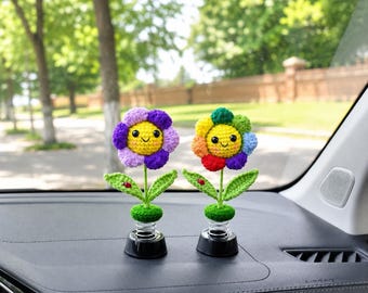 Figura cabezona de girasol de crochet para salpicadero de coche: accesorio sonriente para coche