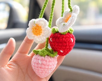 Crochet Strawberry Car Mirror Charm Set of 2, Red Pink Blue