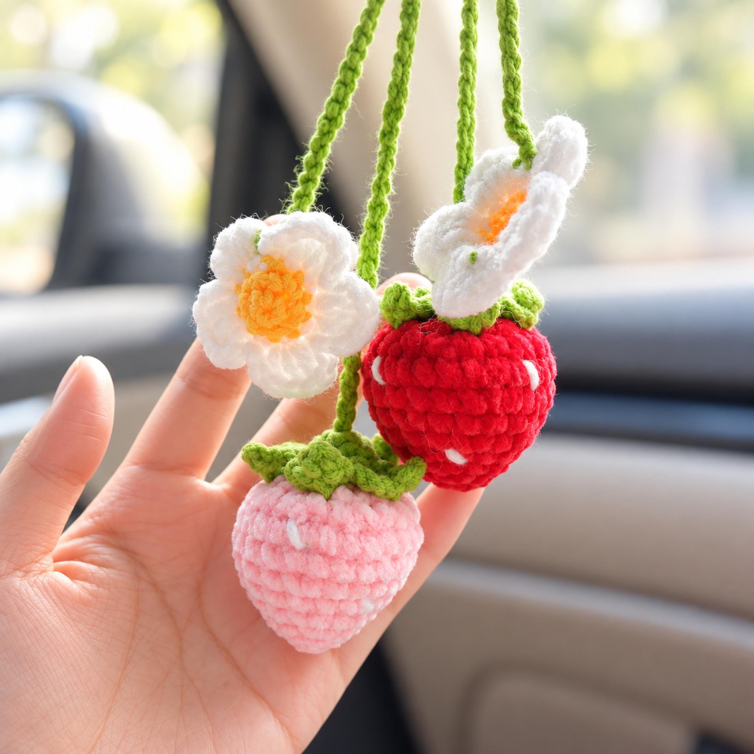 Crochet Strawberry Car Mirror Charm Set of 2, Red Pink Blue