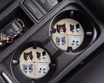 Embroidery Cat Car Coaster Set, Fabric Patchwork Drink Coasters, Cute Car Coasters, Car Cup Holder, Kawaii Car Interior Decor for Women