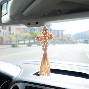 Crochet Cross with Tassels, Cross Car Mirror Hanging Accessories, Car Rearview Mirror Ornament, Car Accessory for Women, Christian Car Decor