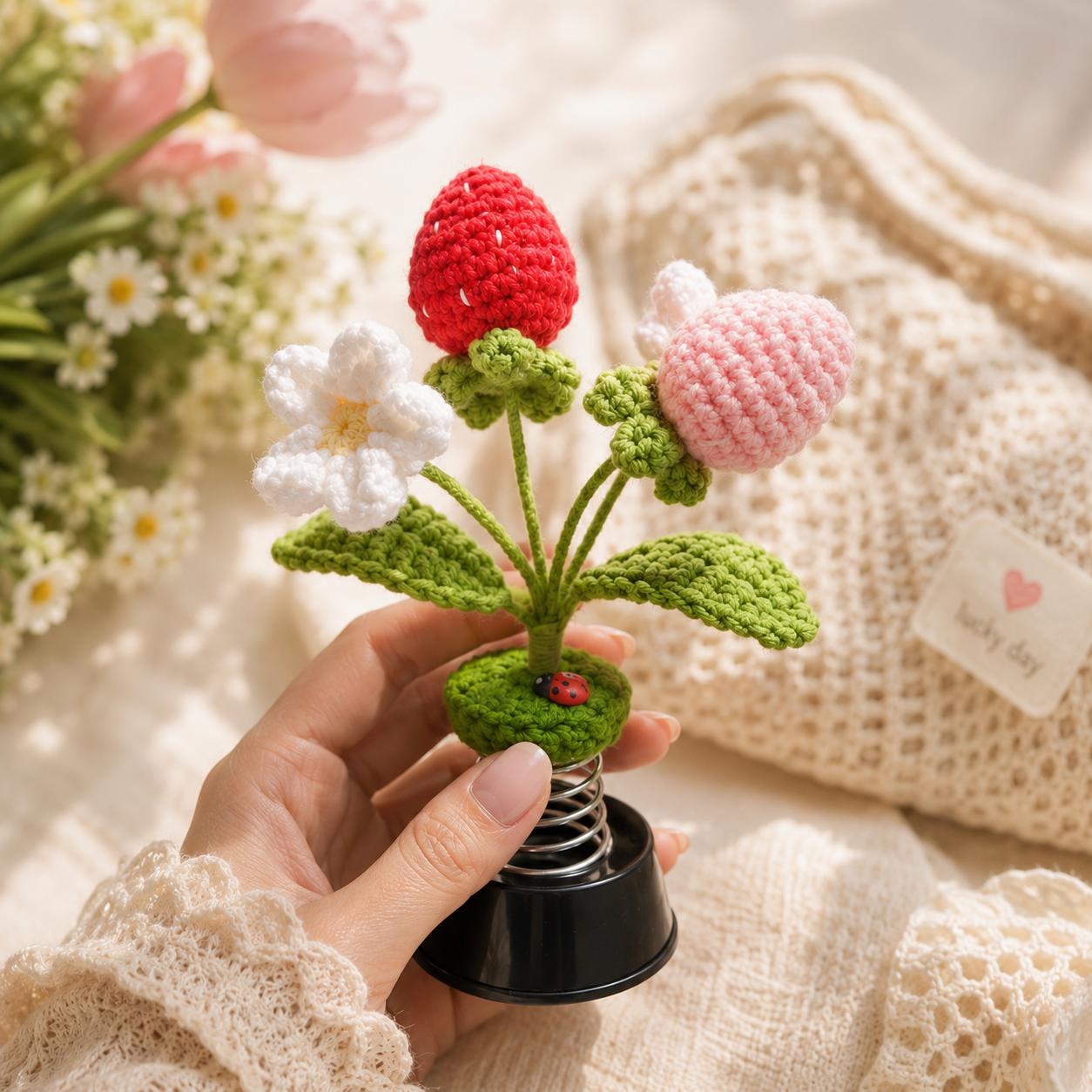 Crochet Strawberry Car Dashboard Accessories, Daisy Flower Bobble