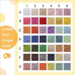 May include: A color chart with 42 yarn color swatches arranged in a grid. The chart includes a range of colors, from light pastels to vibrant hues. Text on the left says "Create Your Unique Color".