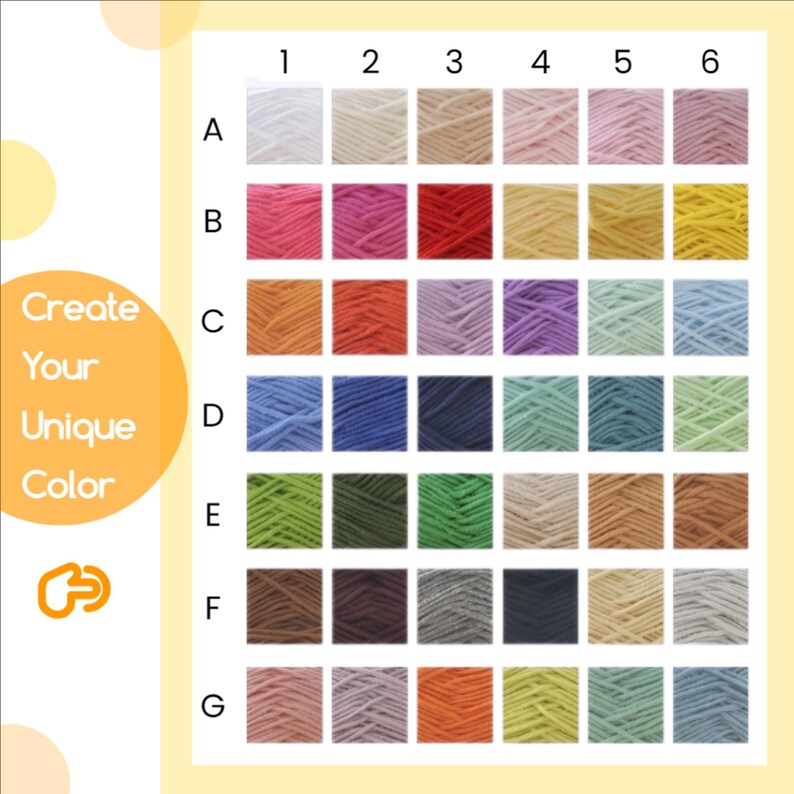 May include: A color chart with 42 yarn color swatches arranged in a grid. The chart includes a range of colors, from light pastels to vibrant hues. Text on the left says "Create Your Unique Color".