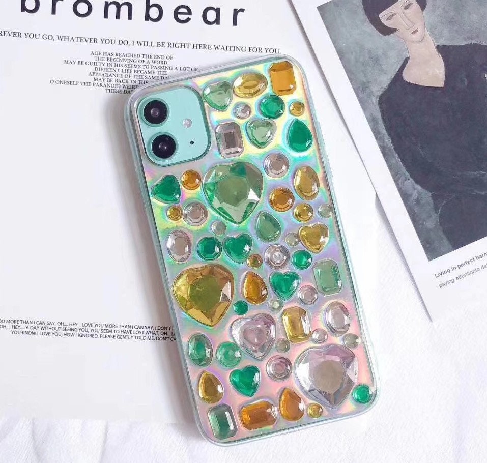 Bling Rhinestone 3D Phone Case, Holographic Insert Phone Case, Glitter iPhone Case, Hearts Phone Case for iPhone 12/13/14/15 Pro Max, Galaxy