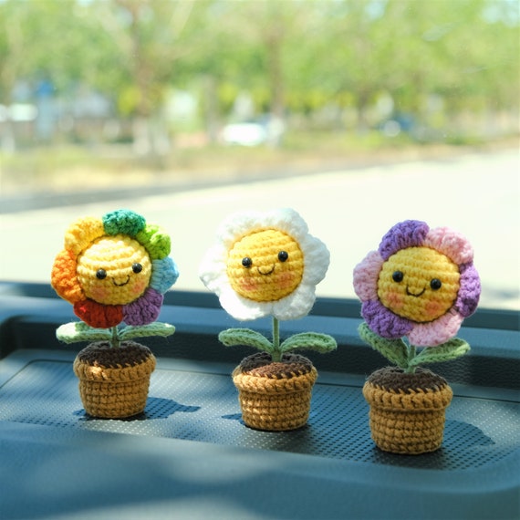 3pcs/2pcs Mini Smiley Sunflower Car Accessories, Crochet Rinbow Sunflower  Potted Plant Car Dashboard Decor, Car Interior Accessory for Women 