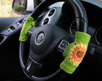 Gehäkelte Sonnenblumen-Lenkradabdeckung, gehäkelte afrikanische Blumen-Lenkradabdeckung, süßes Autozubehör für Frauen, Boho-Lenkradabdeckung
