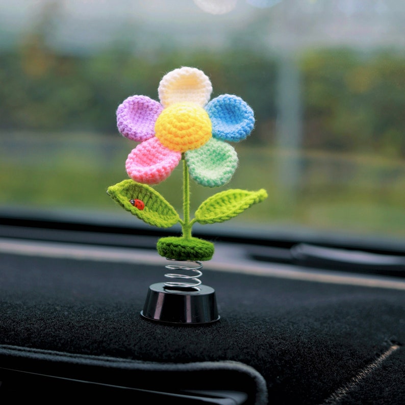 Crochet Rainbow Flower Car Dashboard Decor Bobblehead Flower Etsy