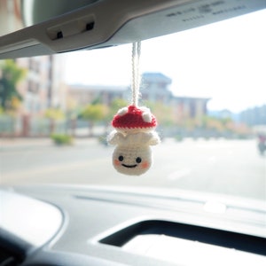 Crochet Mushroom Car Mirror Hanging Accessory, Cute Milk Bottle Smiley Mushroom Doll Car Rear View Mirror Accessory, Car Accessory for Women