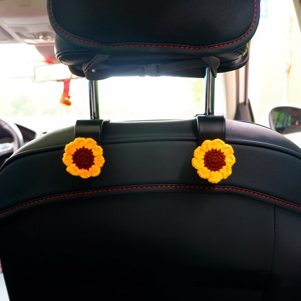 Set of 2 Car Seat Hook, Crochet Sunflower Car Headrest Hanger, Car Seat Purse Hooks, Cute Car Accessories for Women, Boho Car Interior Decor