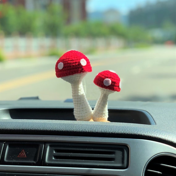 Crochet Mushroom Car Dashboard Decor, Red Mushroom Car Accessories