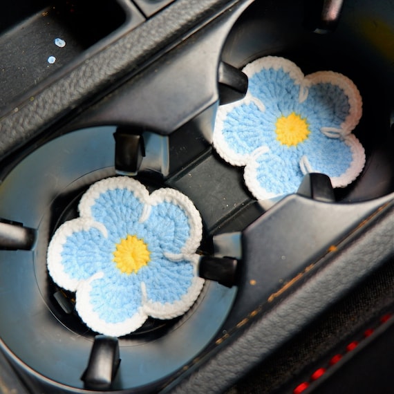 Crochet Car Coaster Set, Daisy Flower Car Drink Coaster, Kawaii