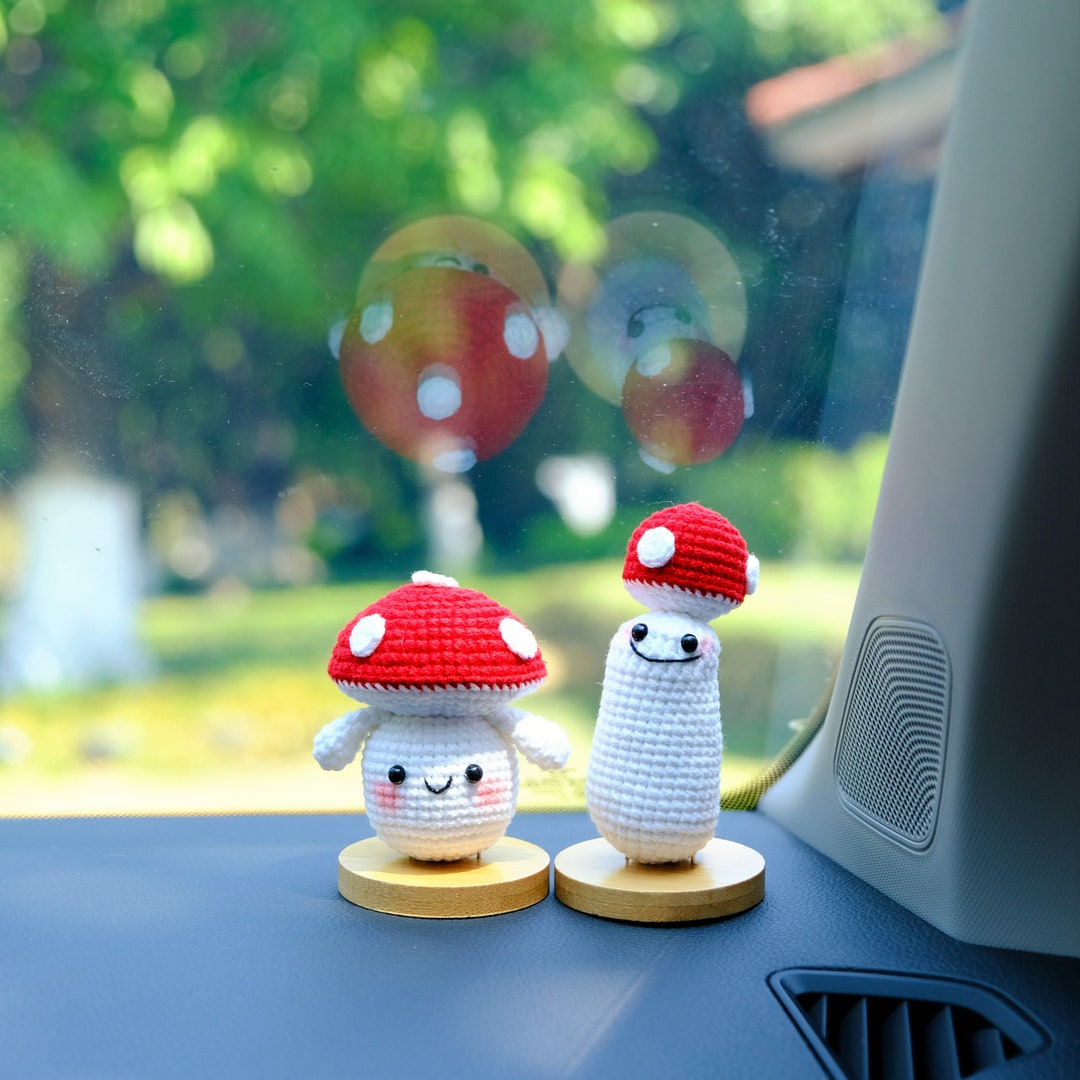 Crochet Mushroom Car Dashboard Decor, Smiley Mushrooms Car Accessories