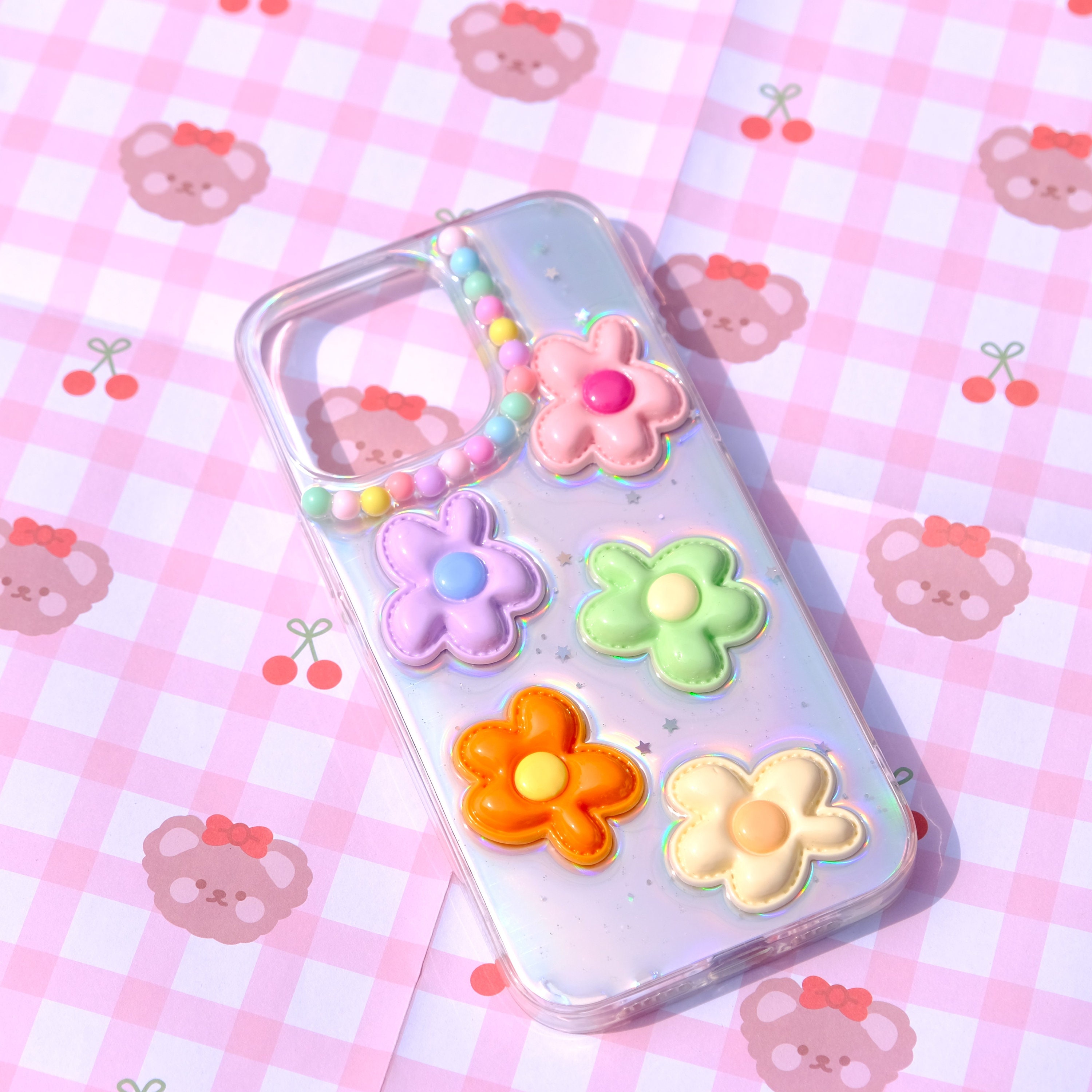 キラキラレインボーフラワースマホケース、グリッター樹脂クリアスマホ