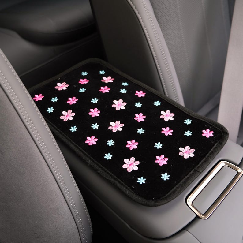 Pink Floral Embroidered Steering Wheel Cover, Boho Chic Flower Elastic Steering Wheel Cover, Cute Car Interior Accessories for Women Center Console Cover