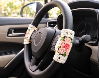 かぎ針編みの桜柄ハンドル＆シートベルトカバー、ボタン留め部分カー