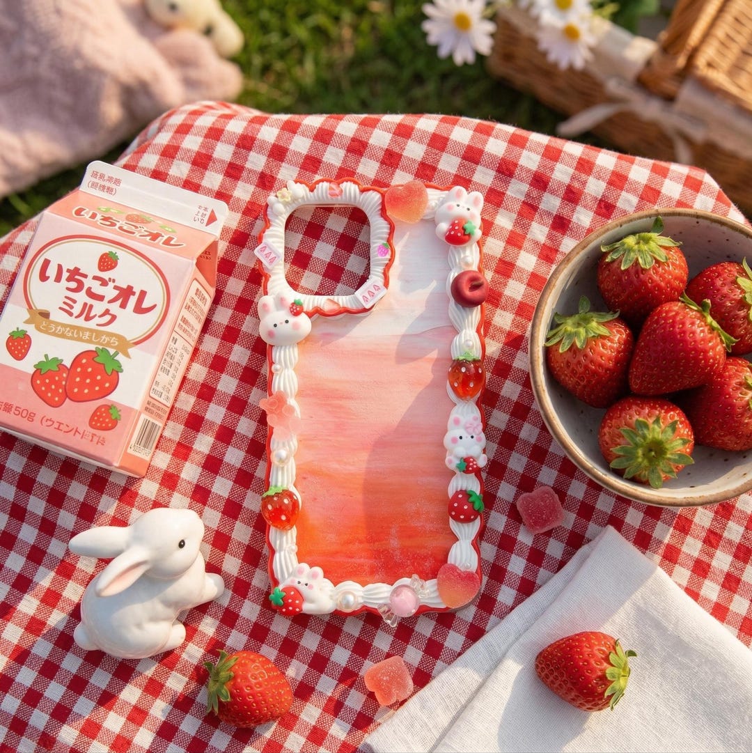 Decoden Phone Case, Strawberry Bunny Phone Case, Kawaii 3D Phone
