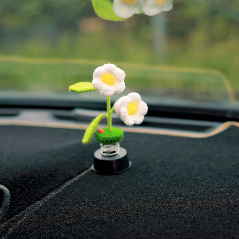 Crochet Lily of the Valley Car Dashboard Decor, Lily Flower Bobblehead Car Interior Accessory, Car Accessory for Women, Car Air Freshner image 6