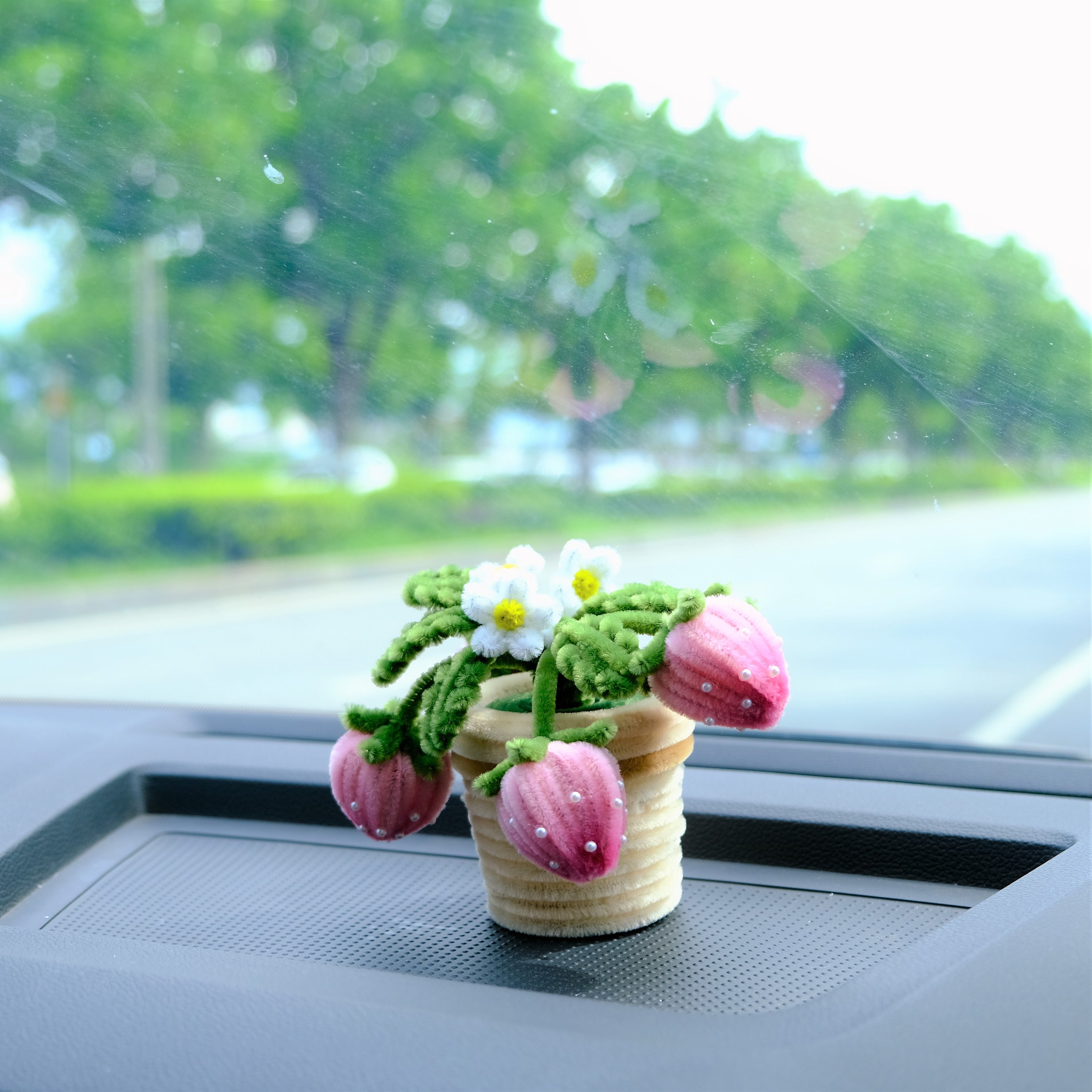 Chenille Strawberry Car Accessory: Fluffy Potted Flower Dashboard