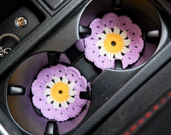 Crochet Car Coaster Set of 2, Granny Square Daisy Car Coasters, Boho Car Interior Accessory for Women, 2.75'' Car Cup Holder Coasters