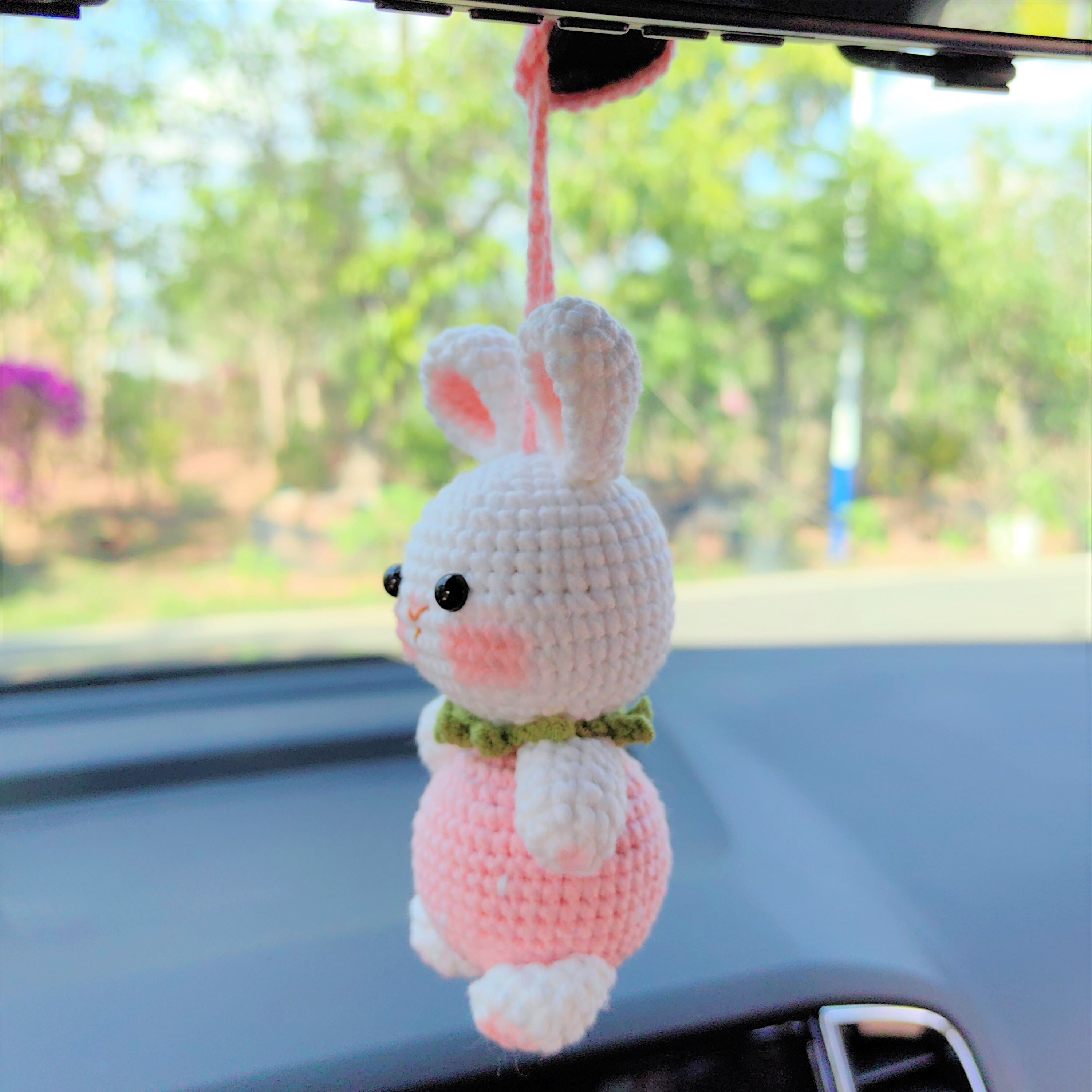 Strawberry Bunny Car Mirror Hanging Accessories, Crochet Bunny Car
