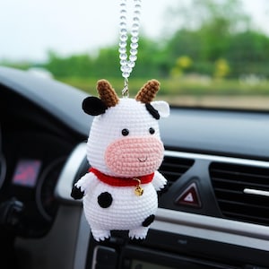 Crochet Cow Car Mirror Hanging Accessory, Cute Smiley Cow Car Rear View Mirror Accessory, Interior Car Accessory for Women/Teens/Couple