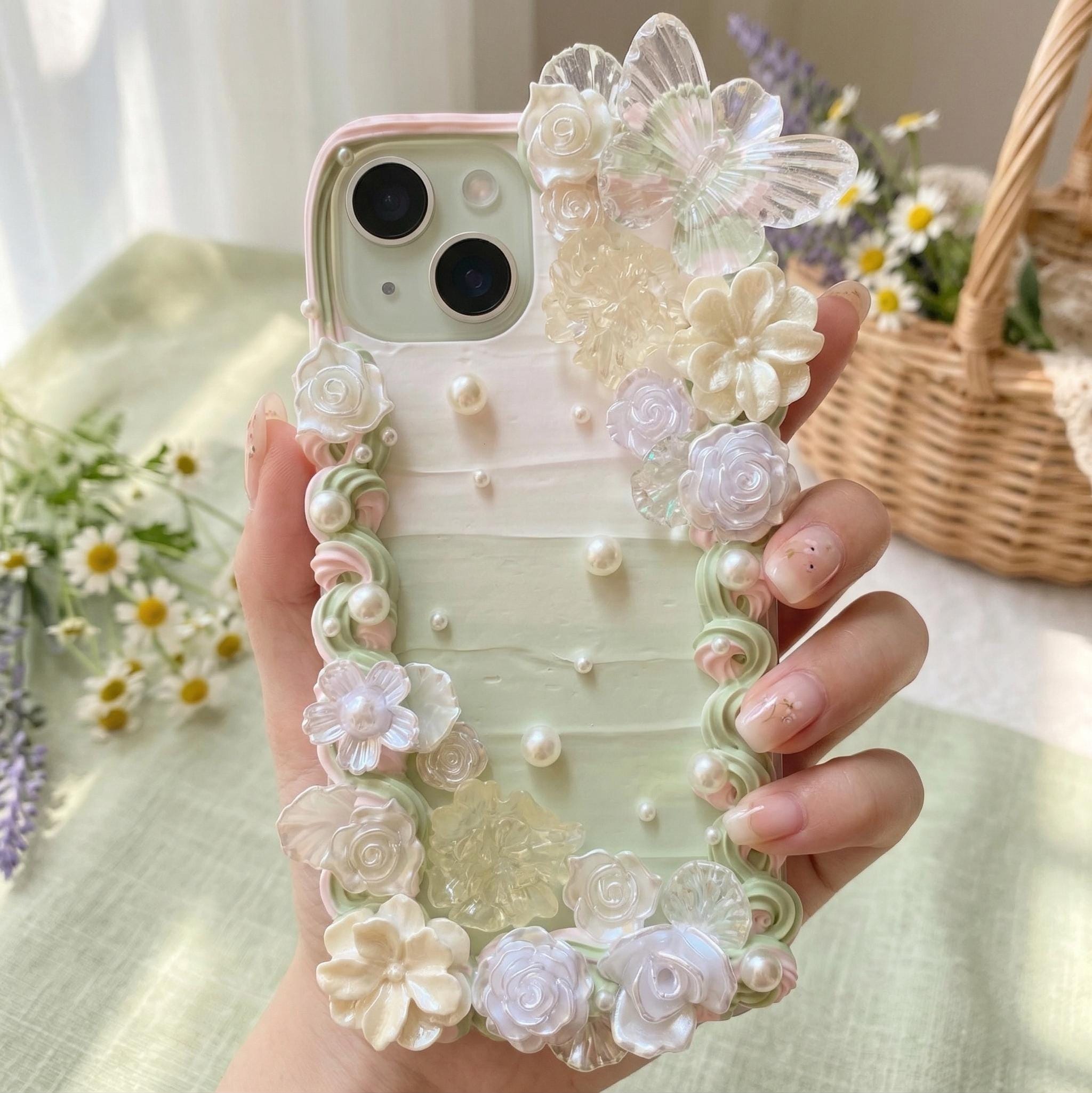 Decoden Phone Case, Sage Green Floral Pearl Phone Case, Custom