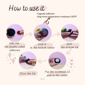May include: A step-by-step guide on how to use an essential oil diffuser. The instructions show how to remove the double-sided adhesive, stick it to the bottom center of the diffuser, open the lid, place the essential oil pad in the center, and close the lid.