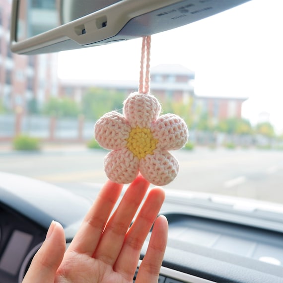 2 pièces accessoires de suspension de miroir de voiture de fleur de gaufre,  accessoires de rétroviseur de voiture de fleur arc-en-ciel au crochet,  accessoire d'intérieur de voiture pour les femmes 