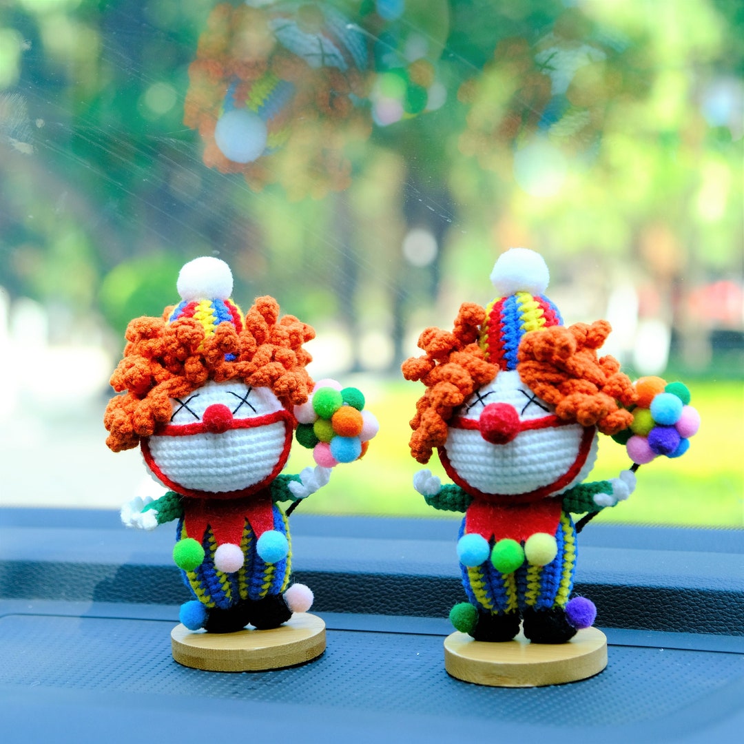Crochet Clown Doll Car Dashboard Decor, Goth Car Decor, Clown With Balloon Car Interior