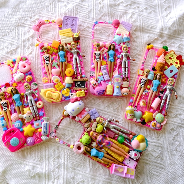 Liquidation | Coque de portable Decoden, coque de portable 3D poupées Barbie Kawaii, coque de portable arc-en-ciel aux fraises/Sakura/Marguerites pour iPhone, galaxie